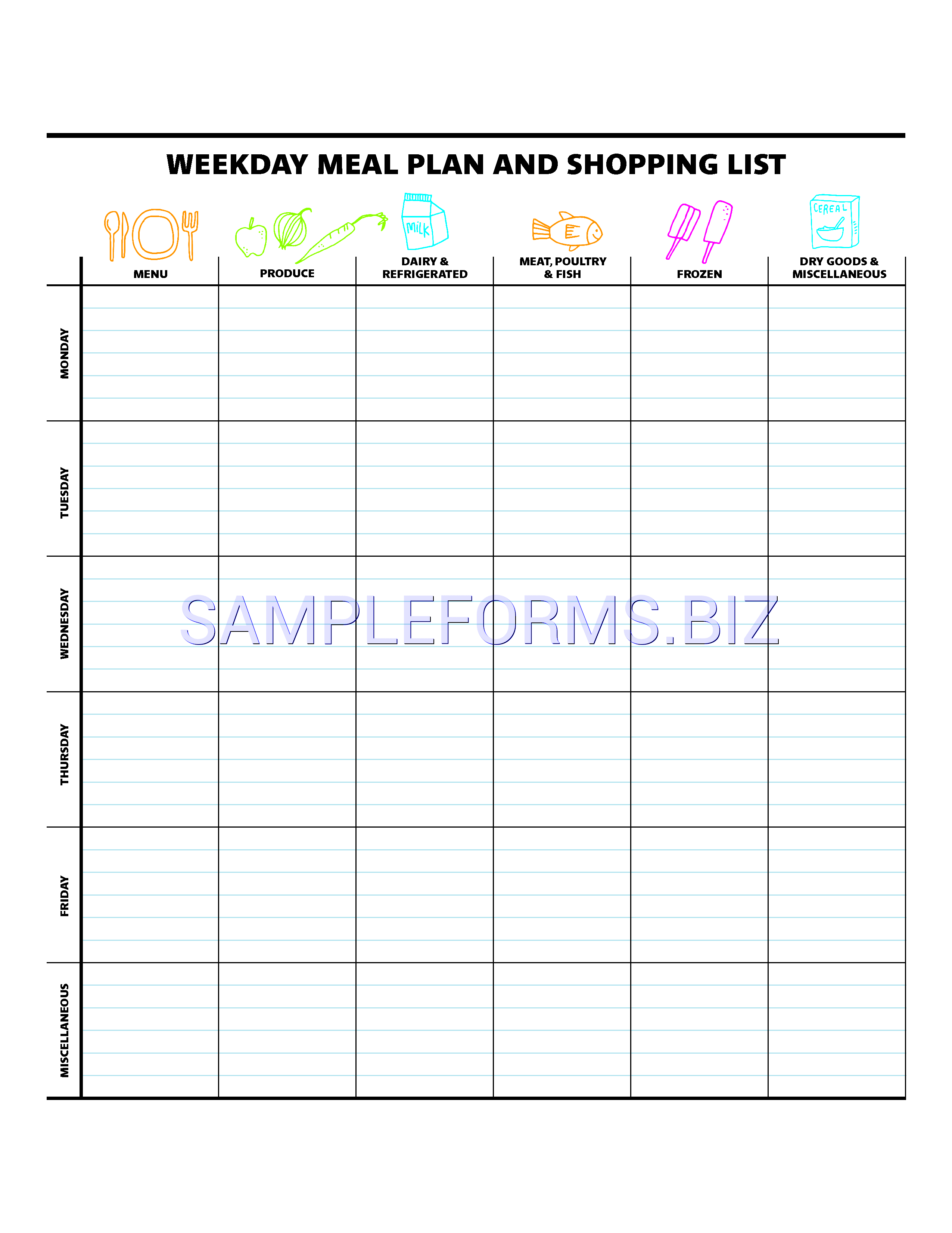 Preview free downloadable Weekday Meal Plan And Shopping List in PDF (page 1)
